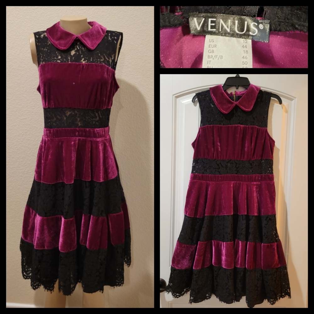 Velvet Burgundy & Black Sheer Lace Ruffle Tier Dress